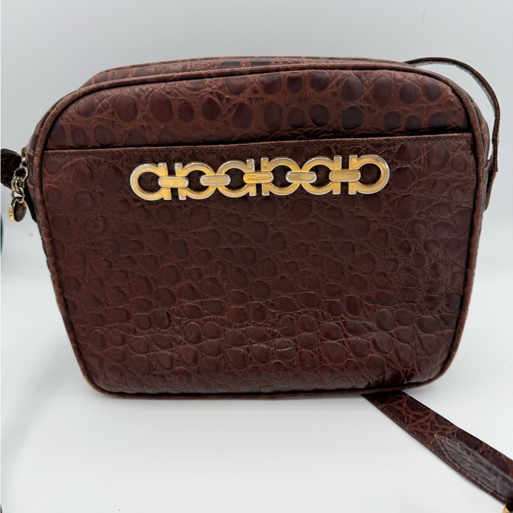 Ferragamo Brown Croc Embossed Leather Shoulder Bag